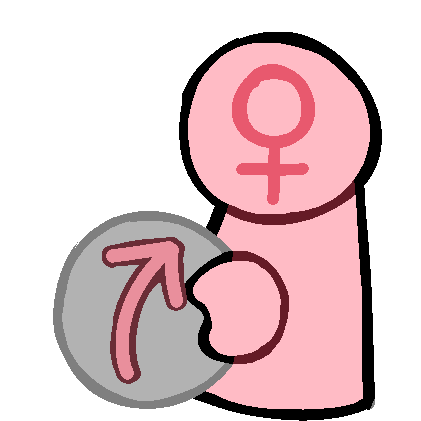 a pink figure with a venus/female sign on her face holding a grayed out ball with a pink arrow pointing to at her.